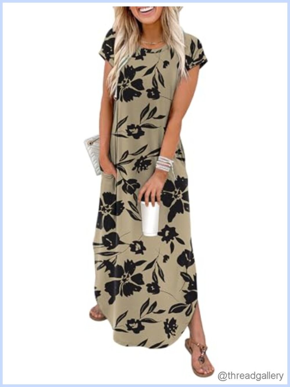 Womens Maxi Dress Cap Sleeve Crewneck Casual Sundress with Pockets